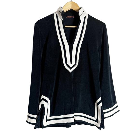 525 America Black White Trim Long Sleeve Split Neck Tunic Sweater Size M - Picture 1 of 9
